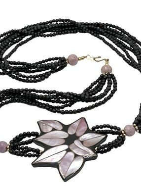 Lee Sands Abalone Inlay Flower Pendant Multi Strand Necklace